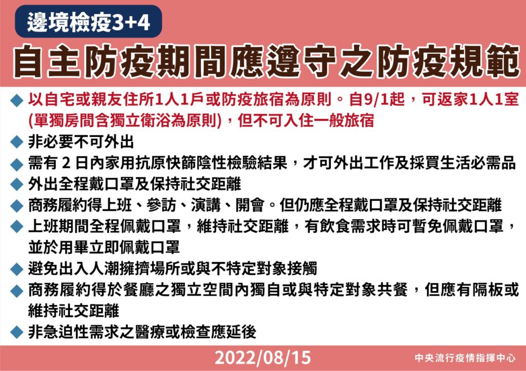 9月1日起入境台灣檢疫維持3+4後4天自主防疫之檢疫處所調整為1人1室