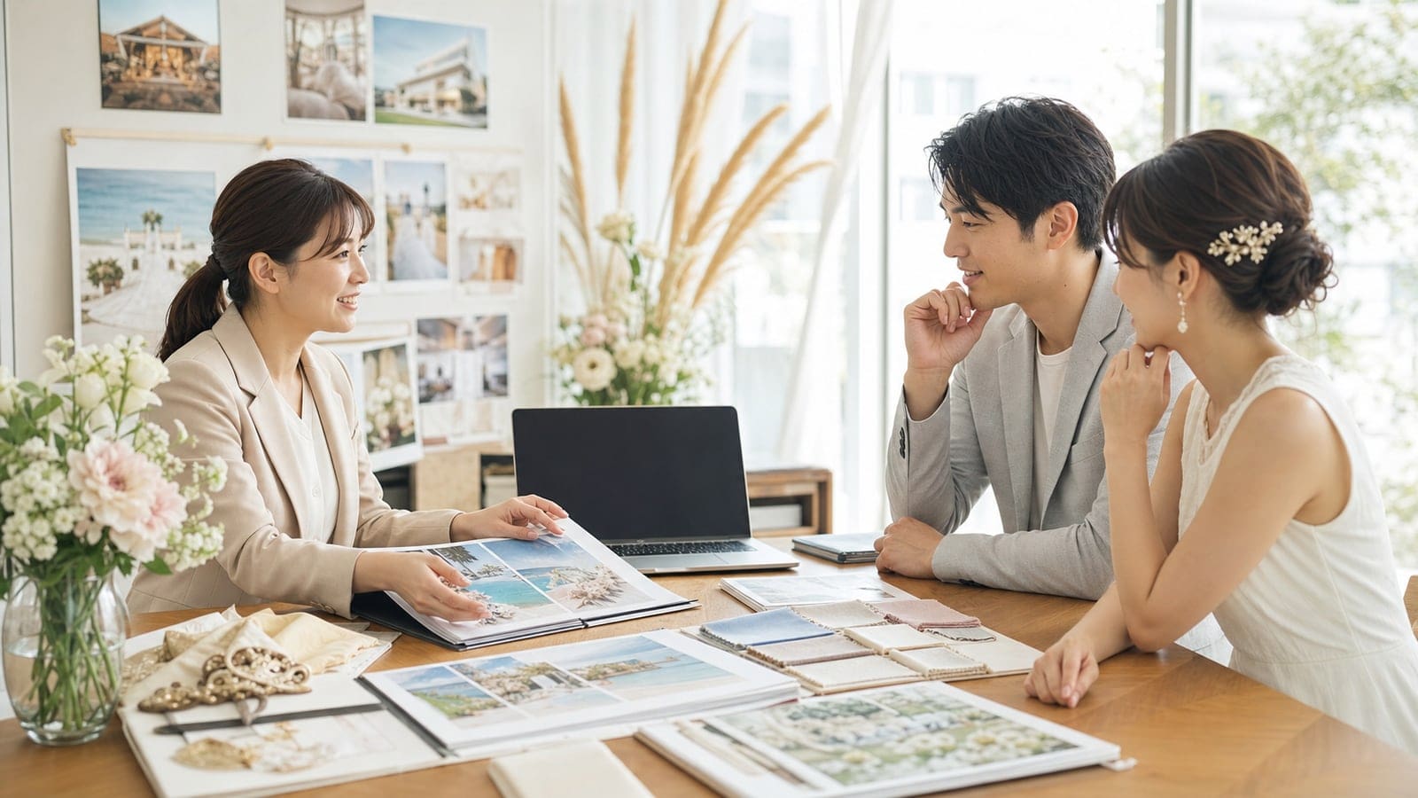 海外婚禮顧問與新人討論場地預算與親友行程