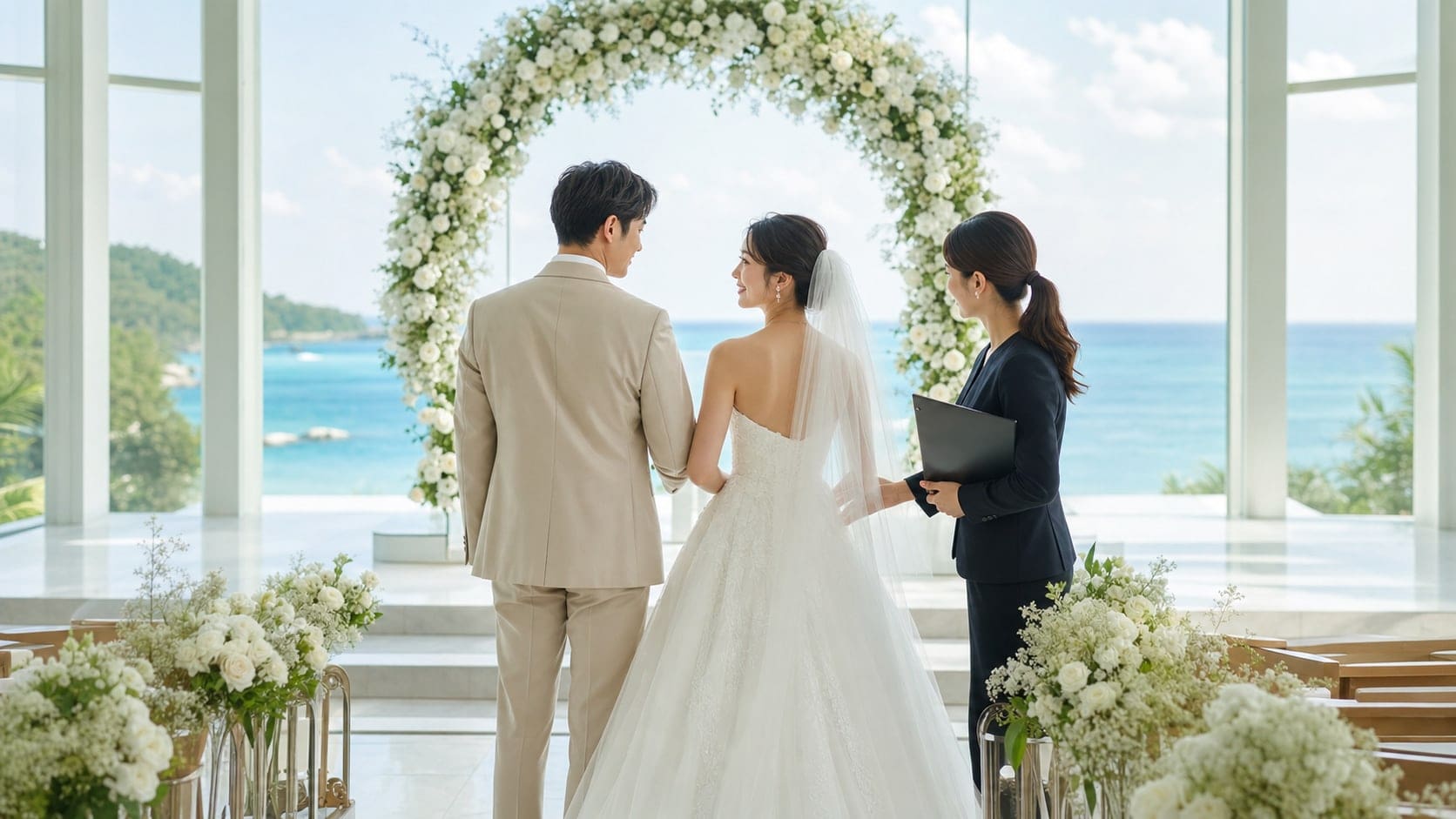 海外婚禮顧問協助新人確認海景教堂婚禮流程
