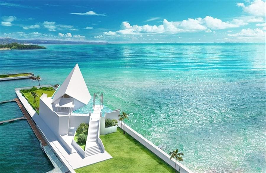 喜來登沖繩藝術格雷斯海濱花園教堂婚禮 圖庫