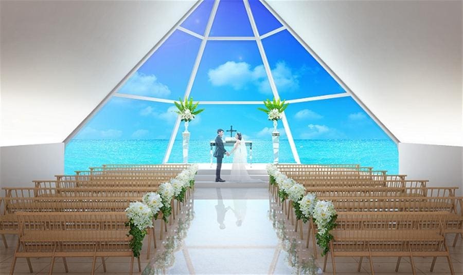 喜來登沖繩藝術格雷斯海濱花園教堂婚禮 圖庫