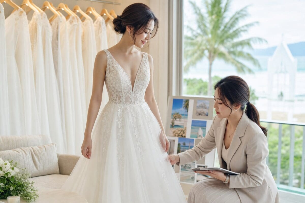 海外婚禮新娘先試穿婚紗並由顧問確認裙身細節