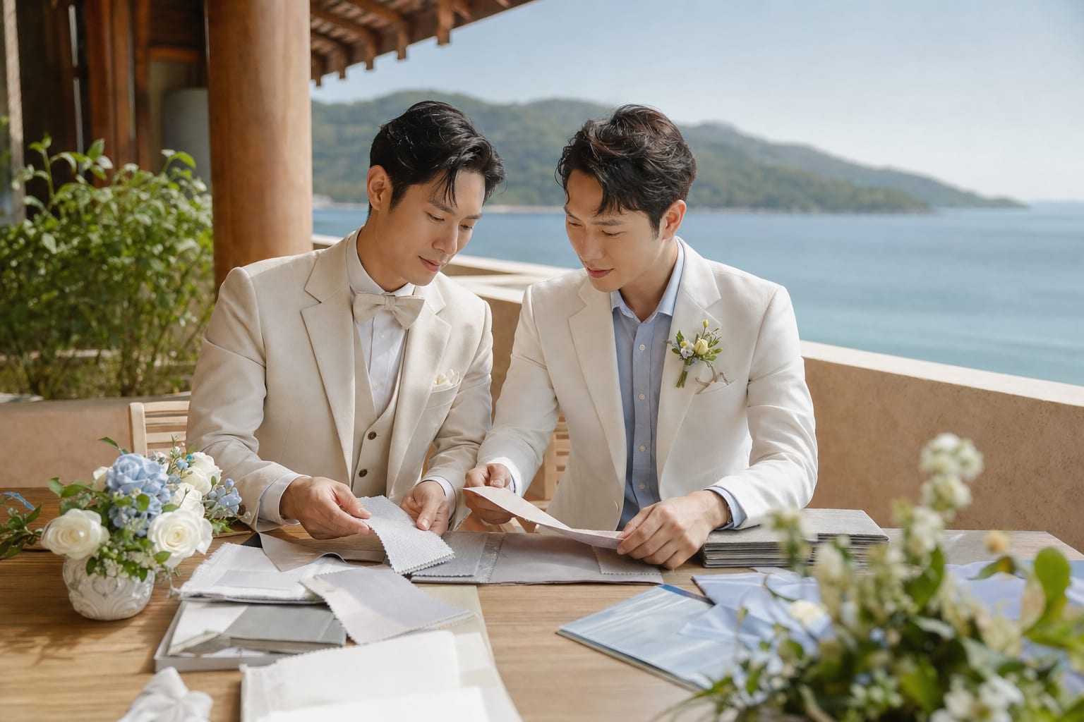 兩位同性伴侶在海景露台討論婚禮細節