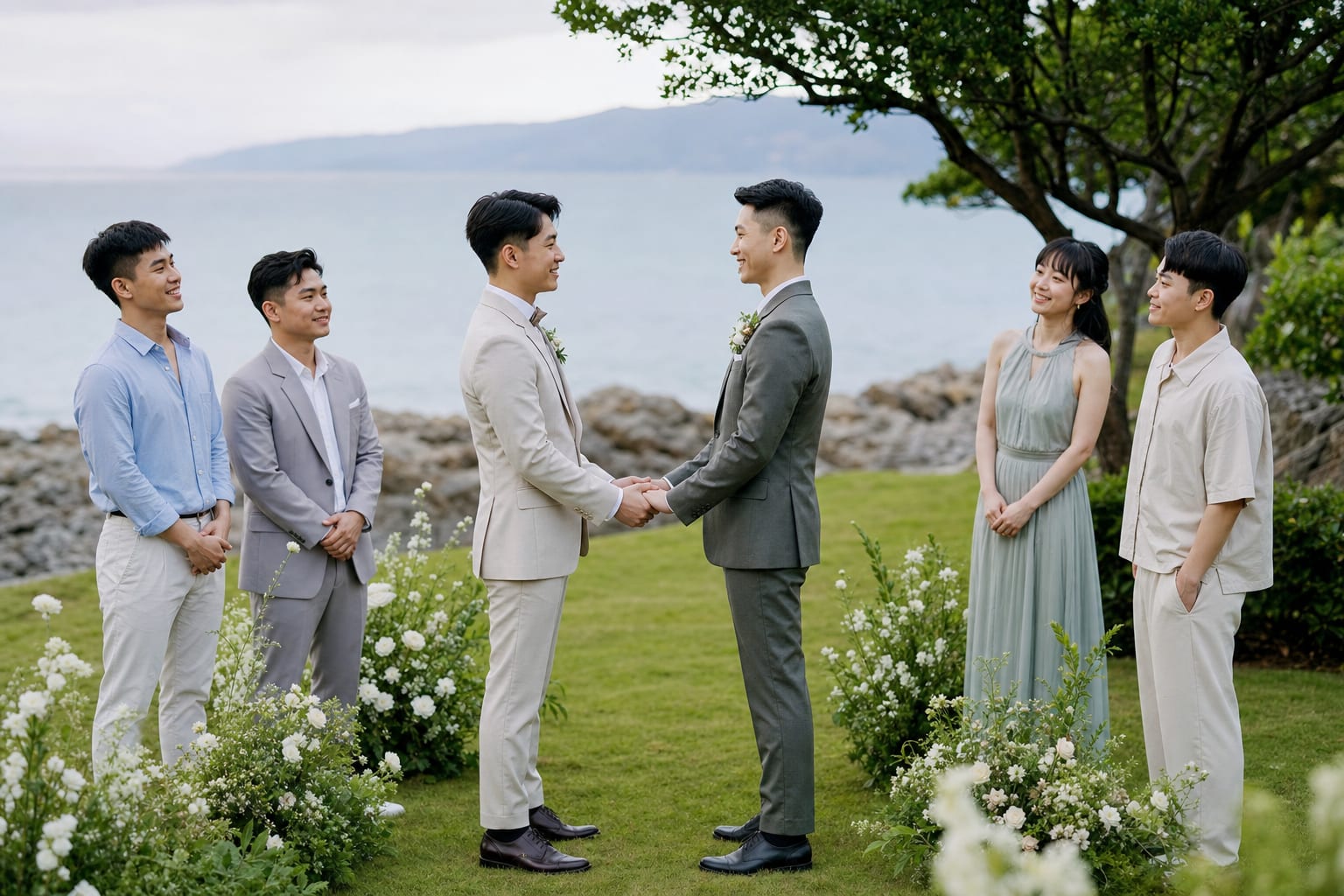 少數親友見證的兩位新郎小型海邊花園婚禮