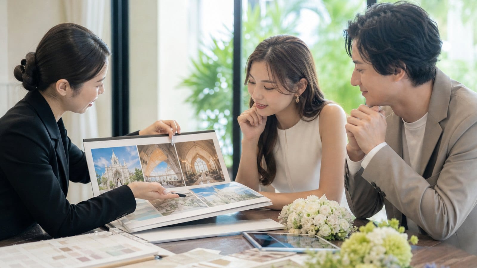 婚禮顧問向新人介紹沖繩海景教堂方案