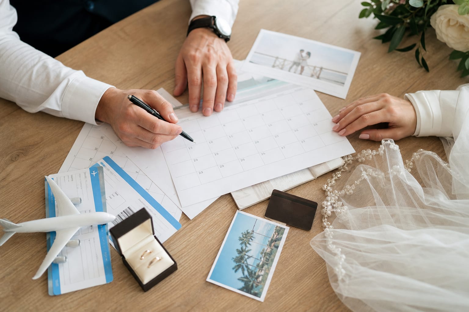 桌上放著月曆、婚戒與旅行證件的海外婚禮籌備畫面