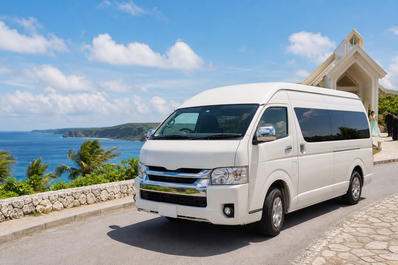 海岸公路旁待命的白色婚禮接駁車輛