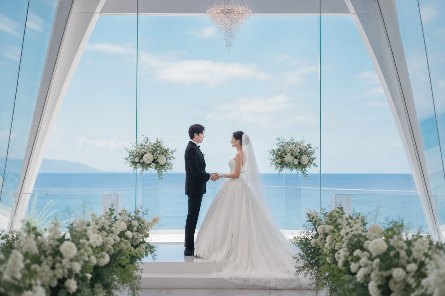 玻璃教堂內新人牽手完成海外婚禮儀式