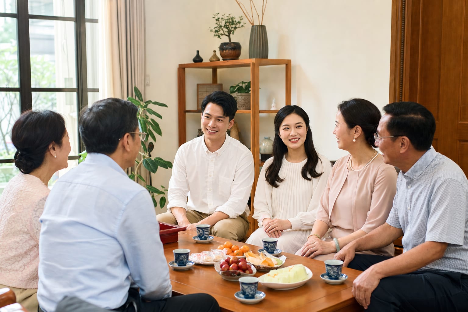 雙方家長與新人圍坐客廳喝茶討論婚禮