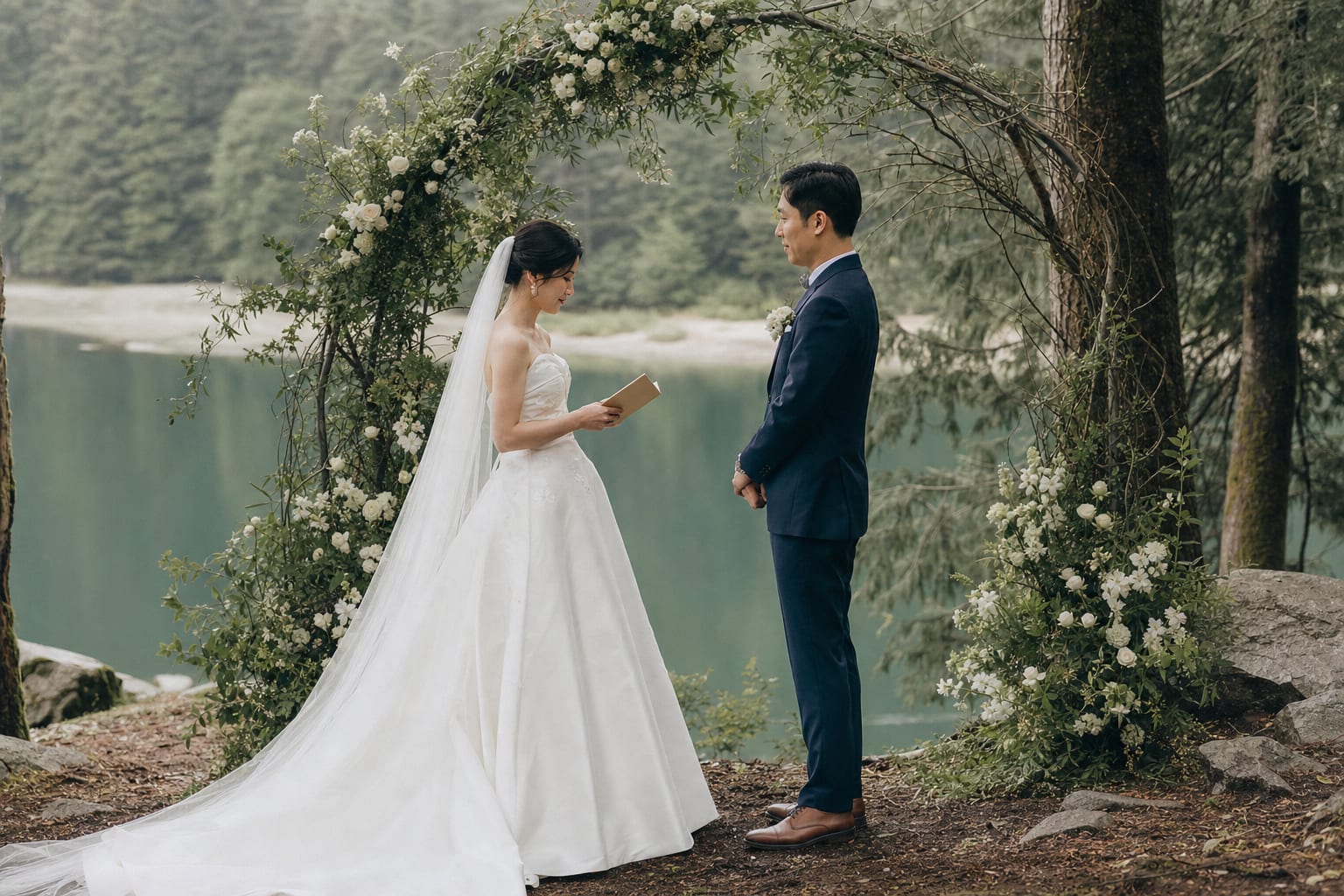 湖畔森林花拱門下的自然風兩人婚禮
