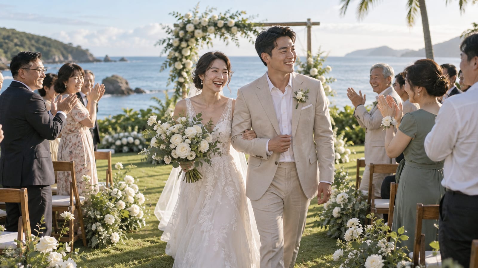 海邊婚禮新人退場與親友鼓掌