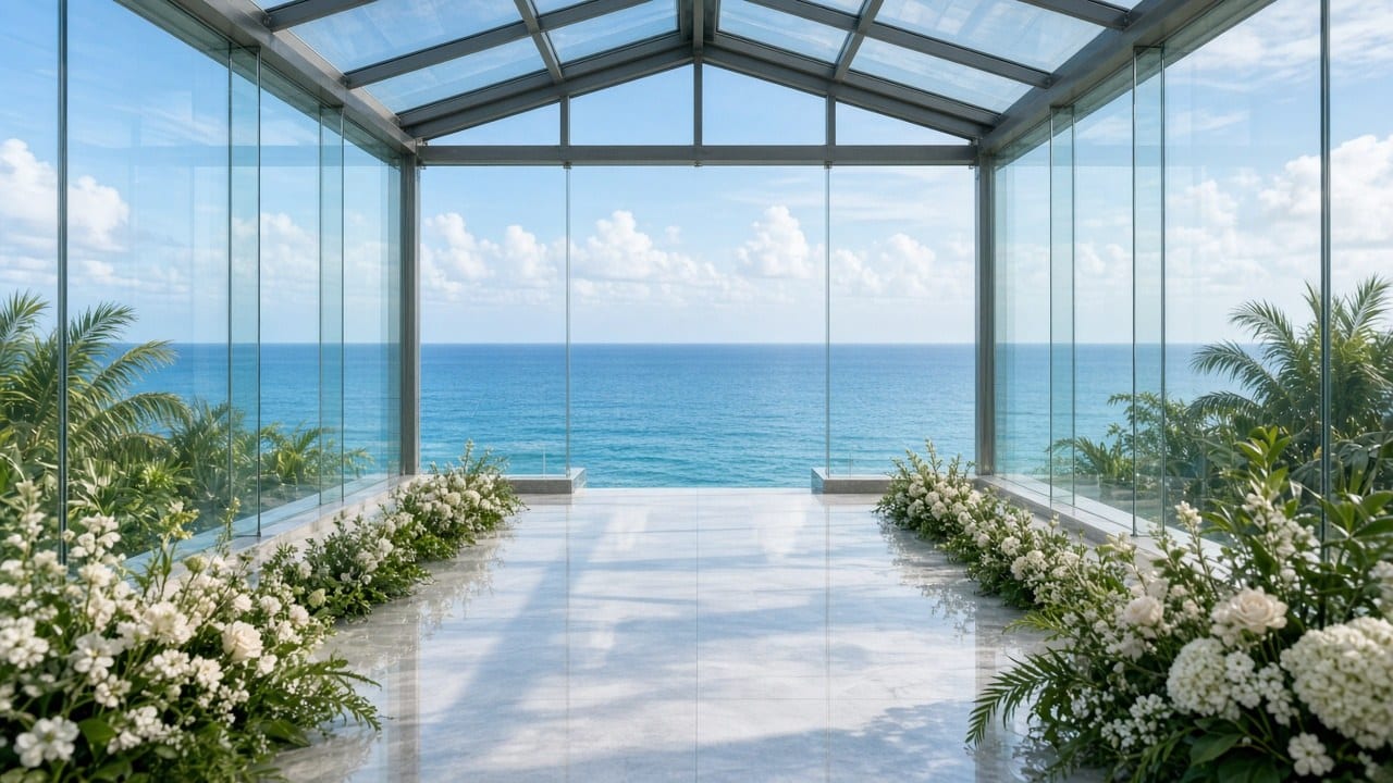 海景教堂玻璃外的太平洋,儀式花藝輕放在前景