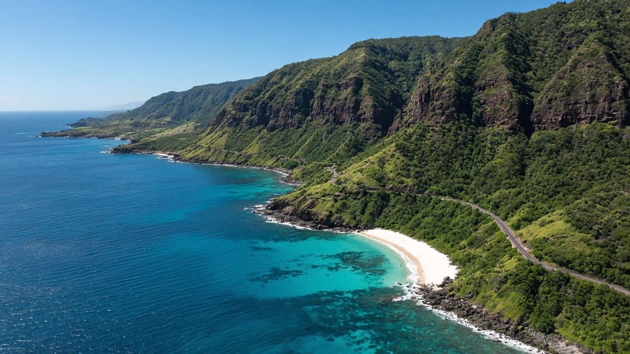 從空中俯瞰茂宜島海岸線，碧藍海水與綠色山脊相接
