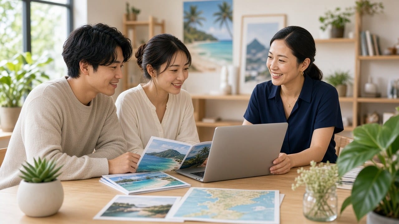 新人和婚禮顧問一起看地圖與行程表討論夏威夷蜜月