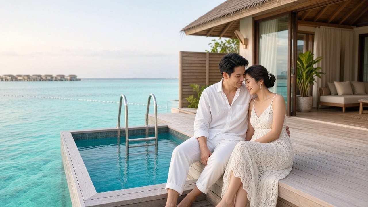 新婚夫妻在水上屋露台並肩看海