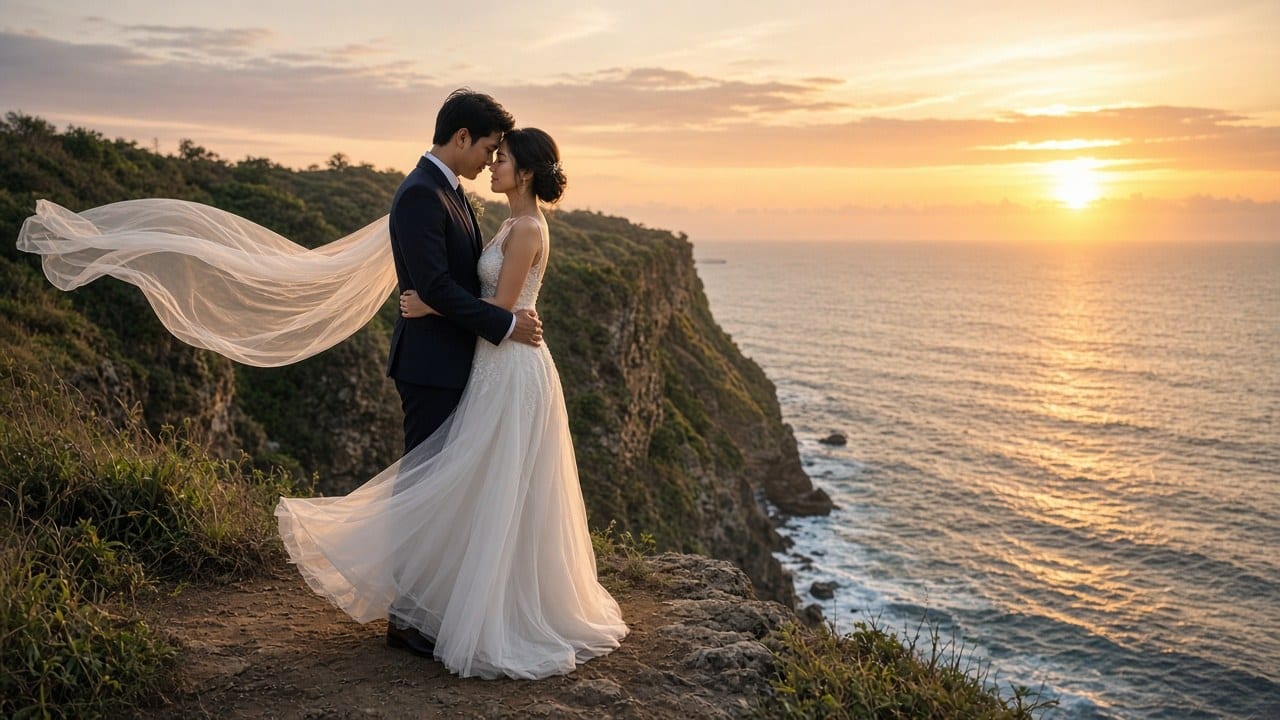 新人穿著白紗在峇里島斷崖上迎著夕陽相擁