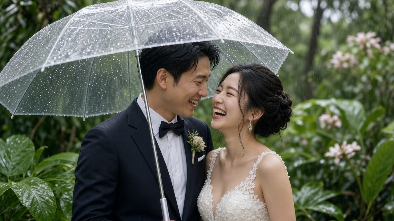 新人在熱帶綠意中撐傘,在細雨裡拍照