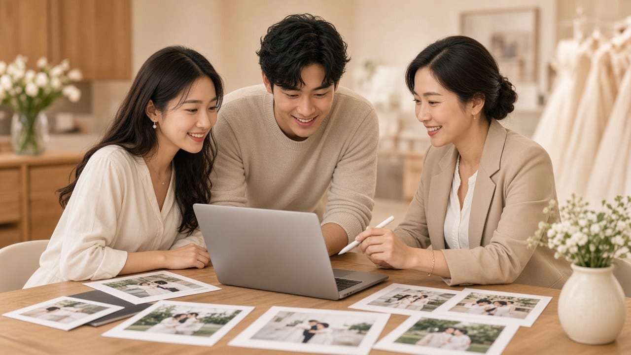 新人和婚禮顧問一起在筆電上挑選婚紗照