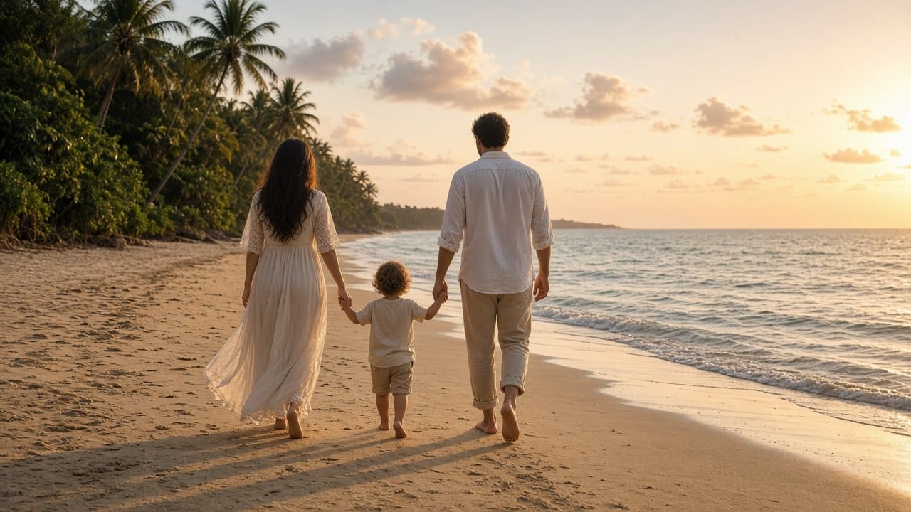 新人牽著年幼的孩子沿著熱帶海灘散步,背影沐浴在柔和夕陽中